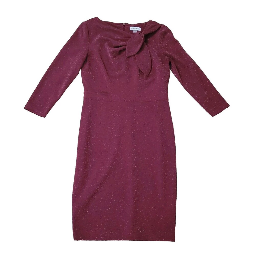 Calvin Klein Sheath Dress Womens 6 Wine Red Tie Neck Sparkle Detail 3/4 Sleeves - Picture 3 of 16